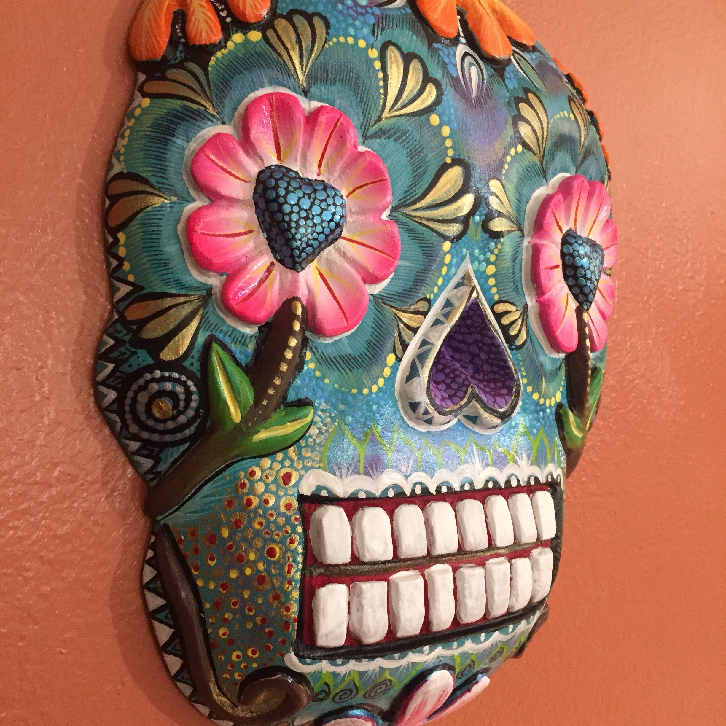 Handcarved wood calavera skull alebrije from Oaxaca, Mexico