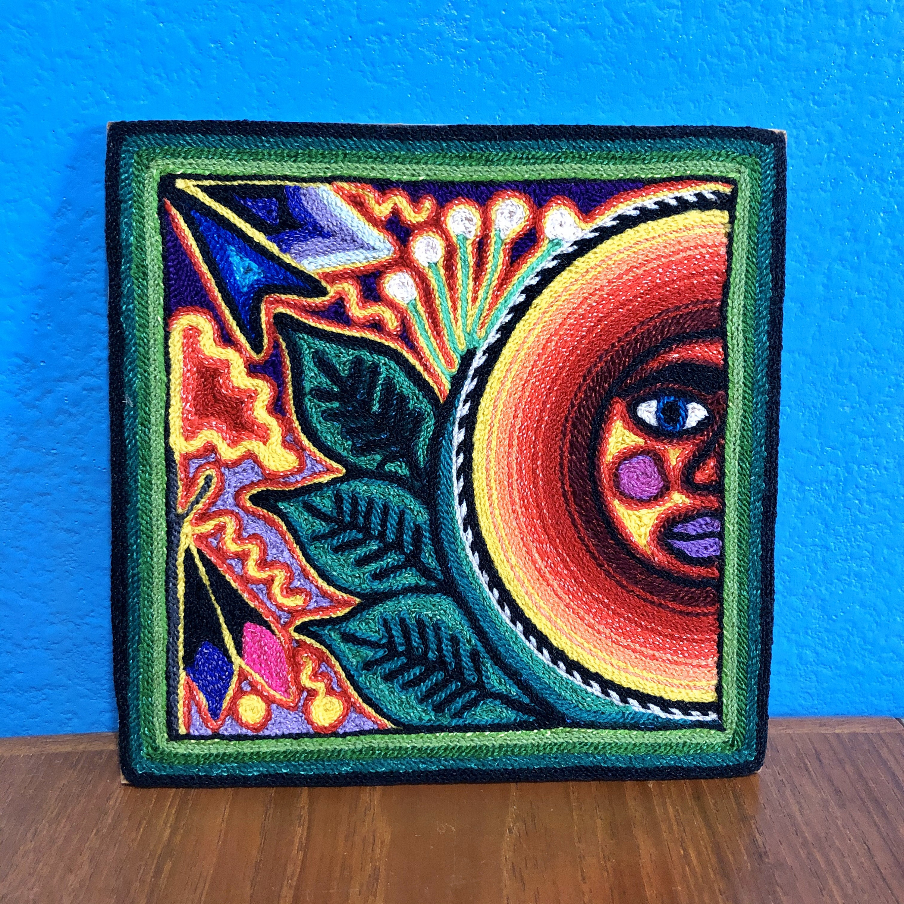 Huichol Yarn Art 6 X 6 Sacred Sun With Prayer Arrow From Nayarit Mexico Huichol Yarn Art 6 X 6 Sacred Sun With Prayer Arrow From Nayarit Mexico