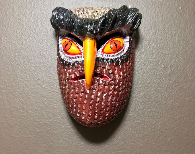Medium Size Mexican Decorative Indigenous Owl Hand Carved Wood Wall Mask