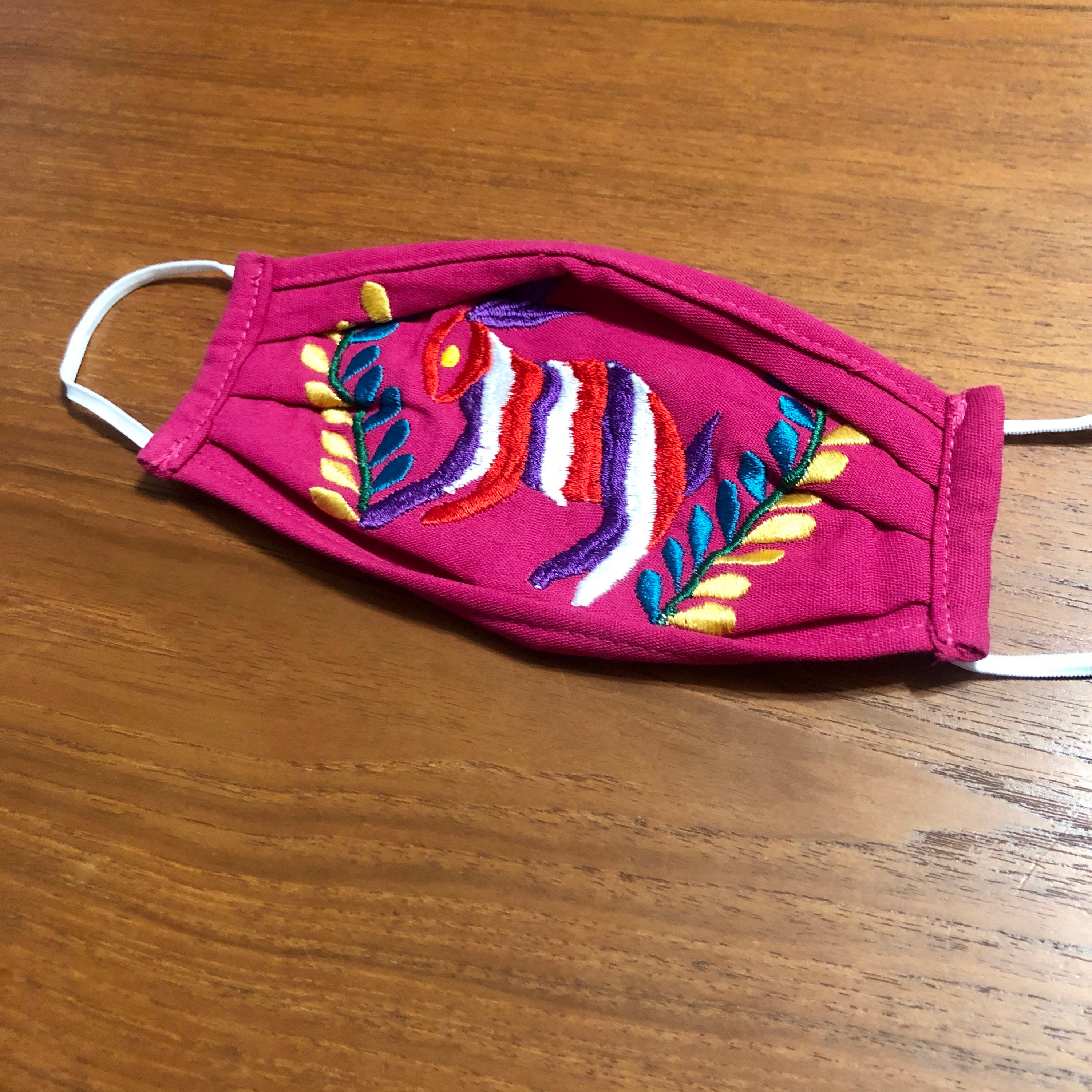 Handmade Muslin Cotton Face Mask with Otomi Embroidery Designs Fuchsia