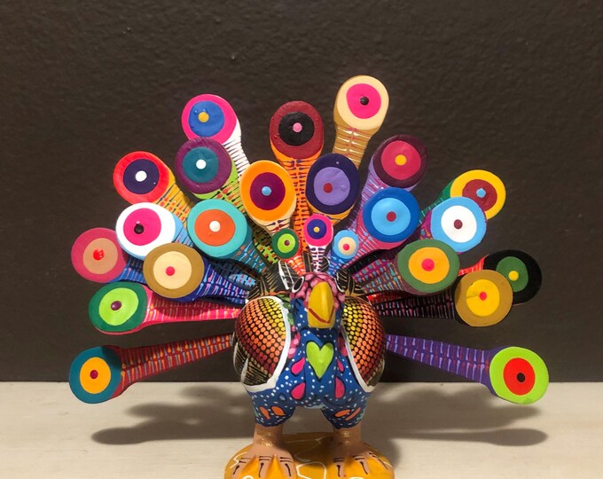 Alebrije Peacock Handcrafted Wood Carving by Zeny Fuentes and Reyna Piña from Oaxaca, Mexico.