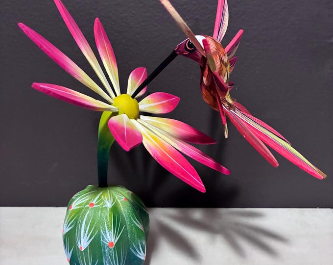 Handcrafted Alebrije Flowering Cactus with Hummingbird Woodcarving from Oaxaca, Mexico