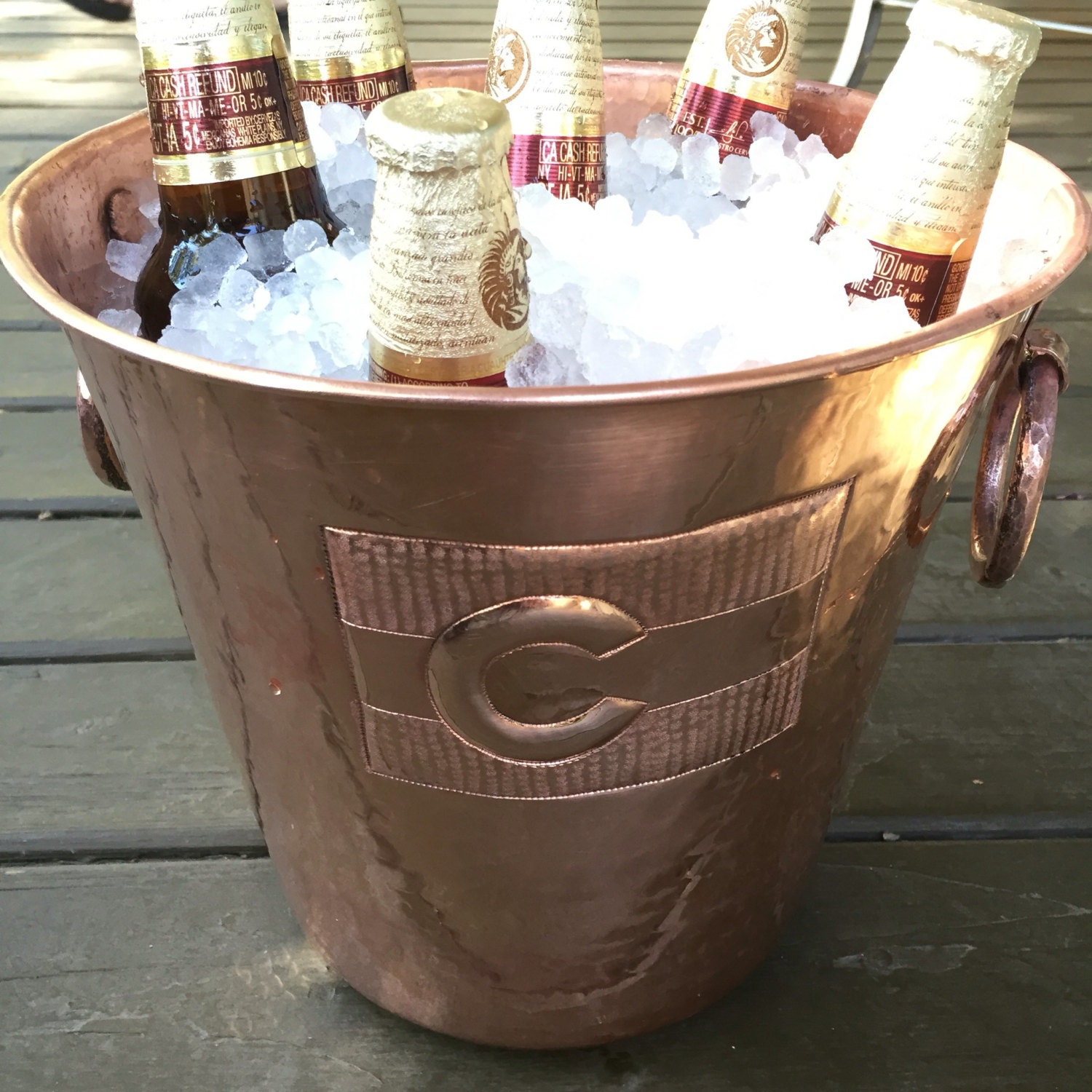 Hammered Copper wine bottle chiller / ice bucket w/ Colorado Flag (10 1