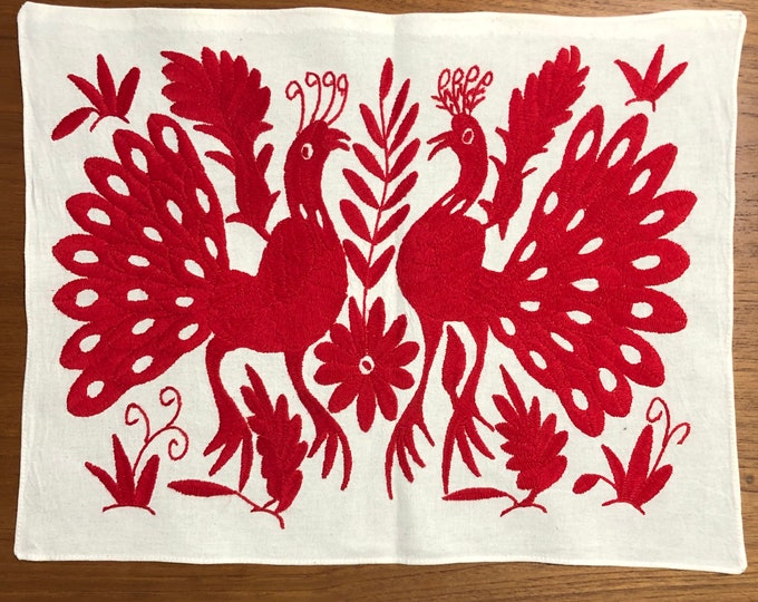 Hand embroidered Otomí placemat/frame-able art (approx. 17” x 13") - red animals and flowers.