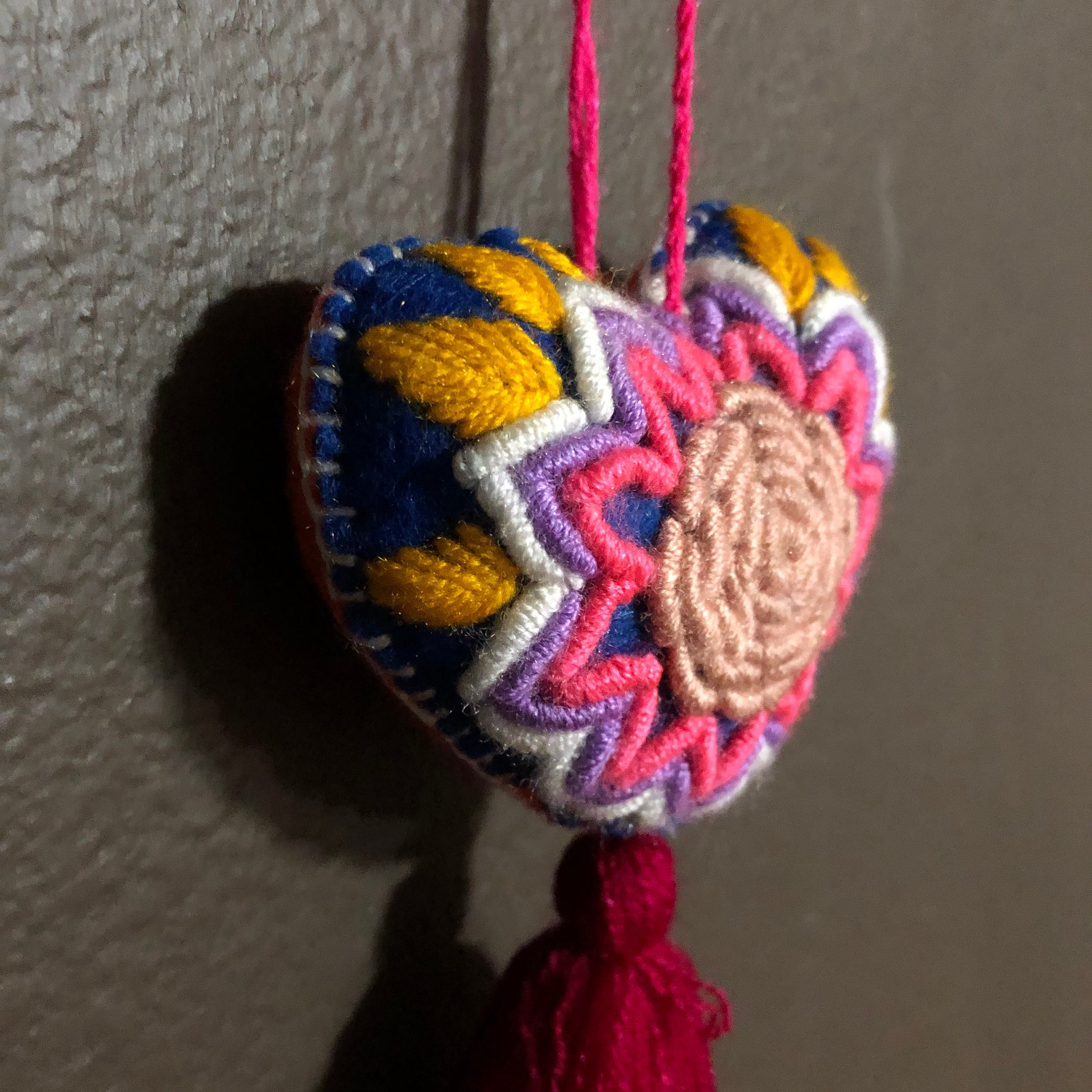 Hand Sewn Wool Felt Hanging Heart Ornament with Cotton Embroidery