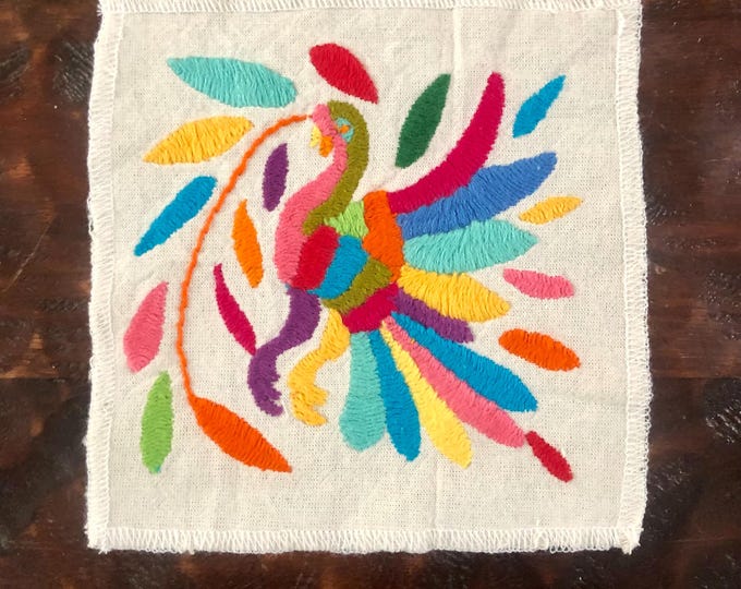 Otomi hand embroidered muslin coaster / cocktail napkin / frame-able art with multicolored bird and flowers.