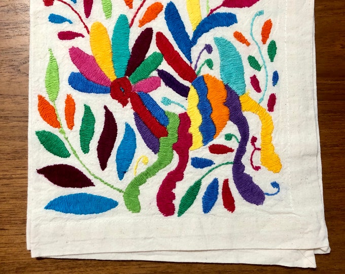 Otomi hand embroidered 19" x 19" muslin napkin - with spirit animal - multi-colored