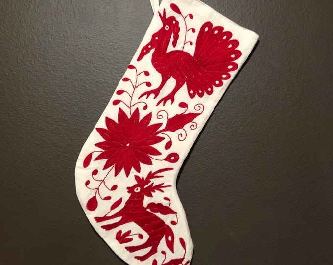 Hand Embroidered Otomi Christmas Stocking: Red Embroidery, Mexican Folk Art