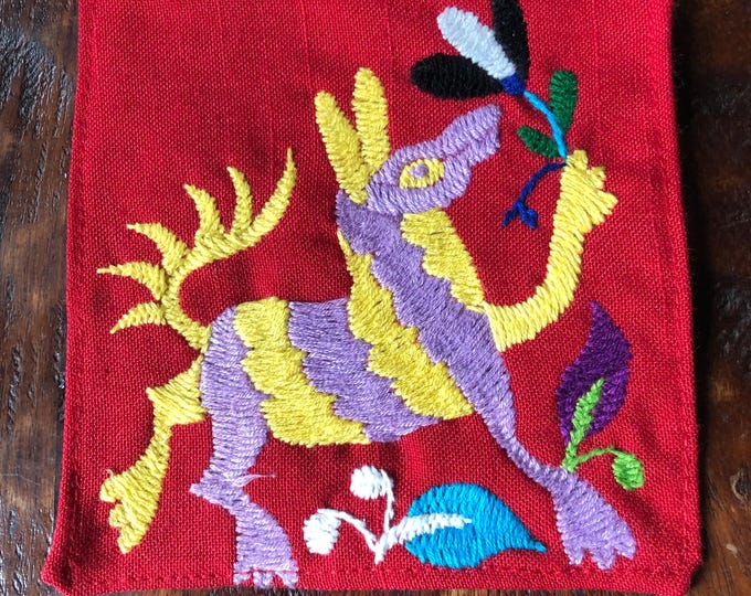 Otomi hand embroidered muslin coaster/cocktail napkin/frame-able art with multicolor animal design approx.  (4.5” x 4.5”)