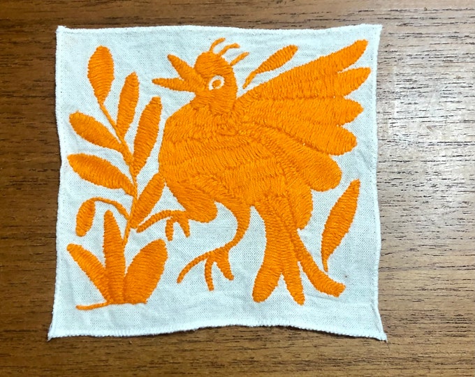 Otomi hand embroidered muslin coaster / cocktail napkin / frame-able art with orange bird.