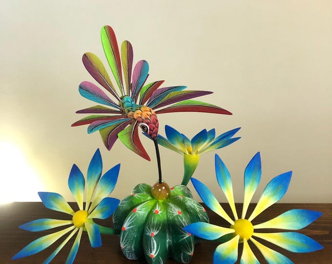 Handcrafted Alebrije Flowering Cactus with Hummingbird Woodcarving from Oaxaca, Mexico