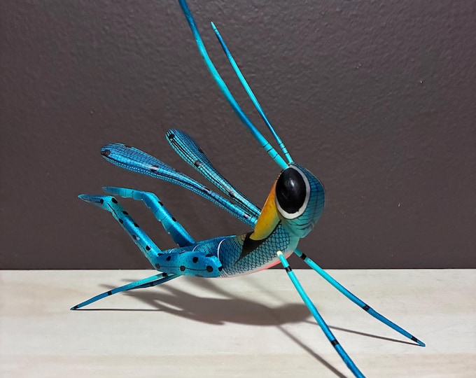 Handcrafted Alebrije Grasshopper: Oaxacan Wood Carving by Zeny Fuentes and Reyna Piña