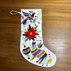 Hand Embroidered Otomi Christmas Stocking: Multicolor Mexican Folk Art