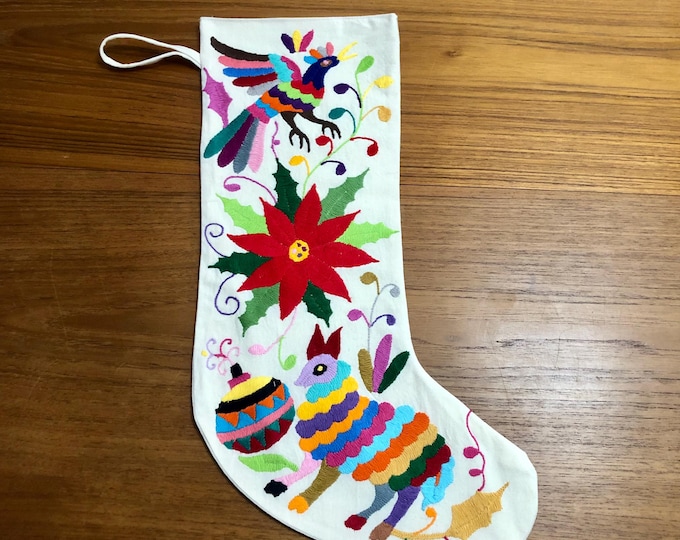 Hand Embroidered Otomi Large Christmas Stocking with Multicolor Embroidery from Hidalgo, Mexico (Off-White Cotton)