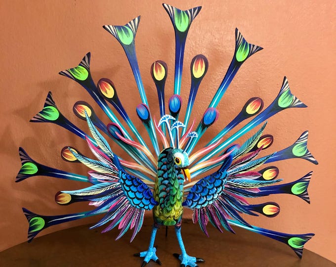 Alebrije Large Peacock Handcrafted Wood Carving by Esperanza Martinez from Oaxaca, Mexico.