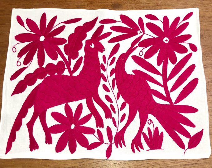 Hand embroidered Otomí placemat /frame-able art with fuchsia embroidery (approx. 17.5" x 13.5”)
