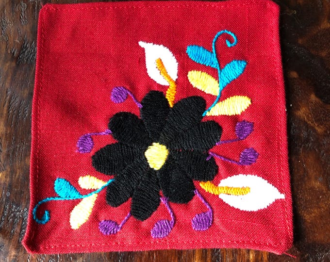Otomi hand embroidered muslin coaster/cocktail napkin/frame-able art with multicolor flower design approx.  (4.5” x 4.5”)