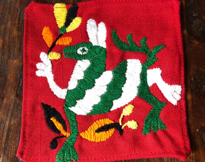 Otomi hand embroidered muslin coaster/cocktail napkin/frame-able art with multicolor animal design approx.  (4.5” x 4.5”)