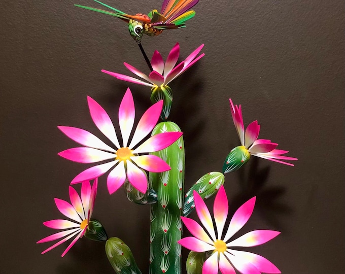 Large Alebrije Flowering Cactus with Hummingbird Woodcarving from Oaxaca, Mexico