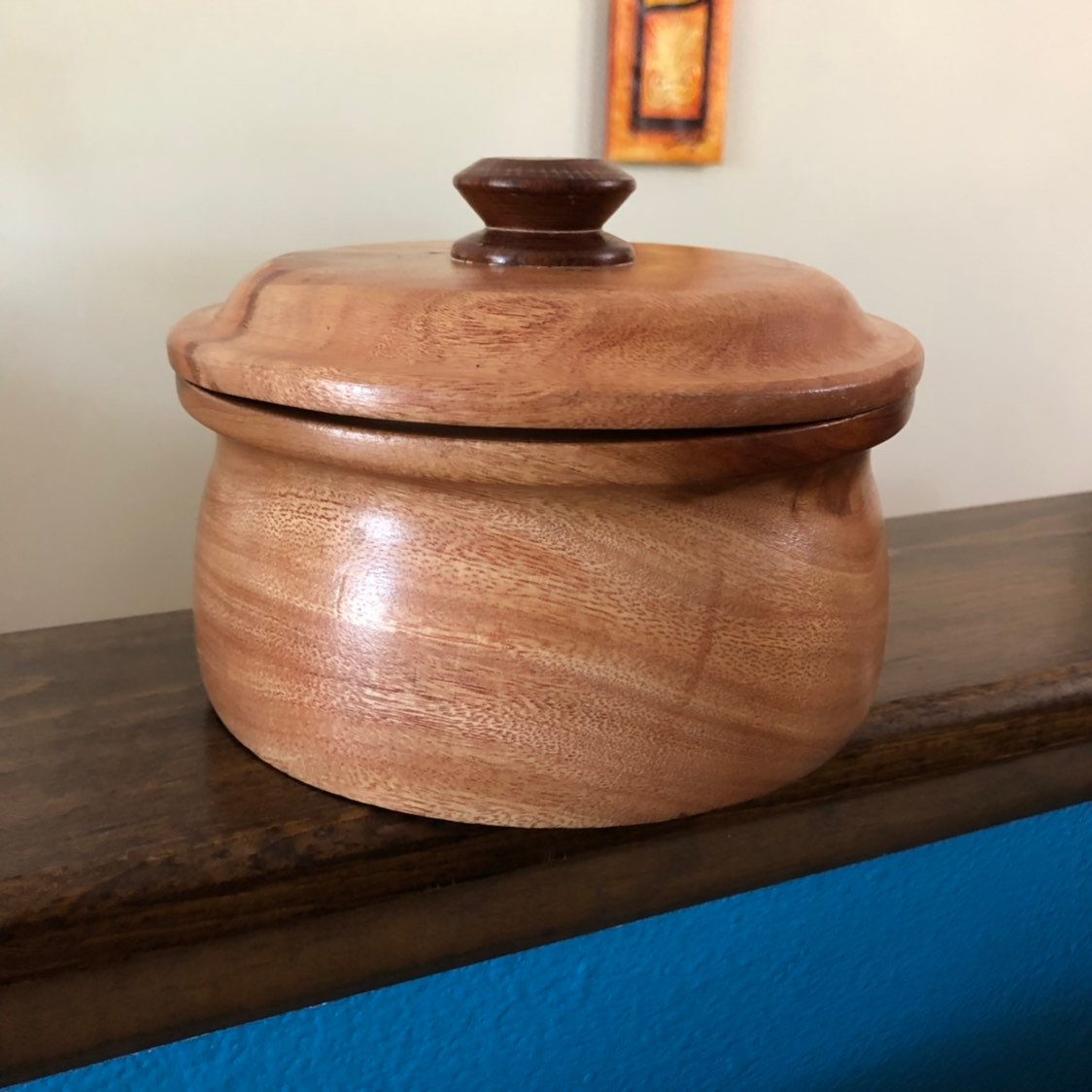 Hand carved wood serving bowl with lid made of Guamuchil wood from Mexico
