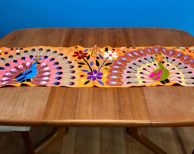 Hand Embroidered Table Runner - Orange Base with Multicolored Peacocks and Flowers