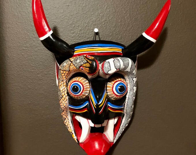 Medium Size Mexican Decorative Indigenous Diablo Devil Hand Carved Wood Wall Mask