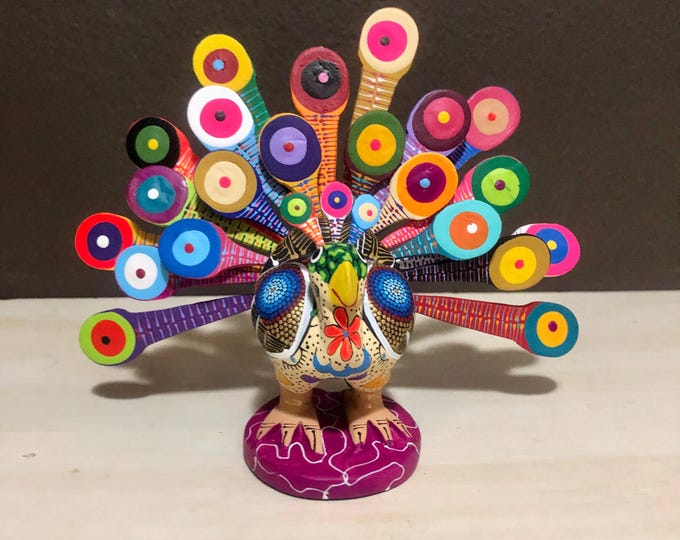 Alebrije Peacock Handcrafted Wood Carving by Zeny Fuentes and Reyna Piña from Oaxaca, Mexico.