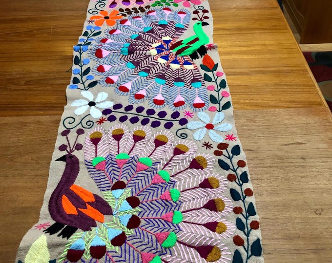 Hand Embroidered Table Runner - Tan Base with Multicolored Peacocks and Flowers