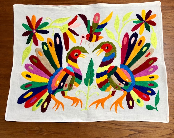 Hand embroidered Otomí placemat/frame-able art (approx. 17” x 13") - multicolor spirit animals and flowers.