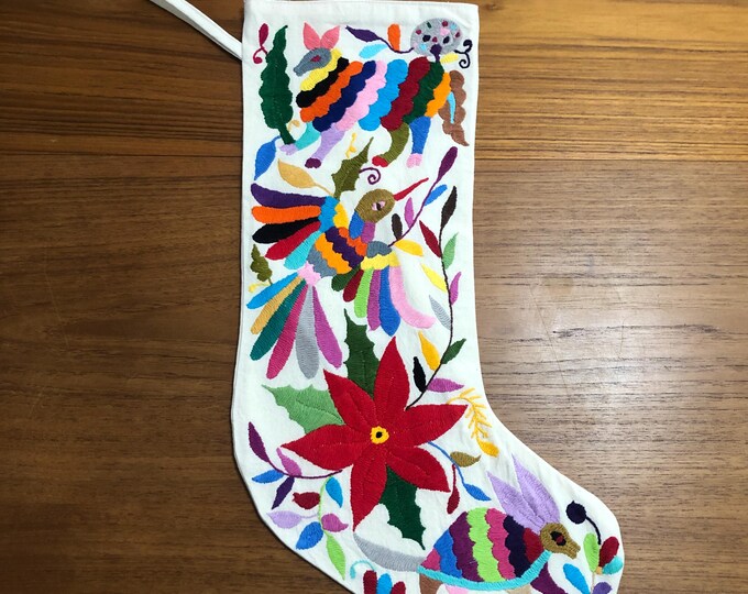 Hand Embroidered Otomi Large Christmas Stocking with Multicolor Embroidery from Hidalgo, Mexico (Off-White Cotton)