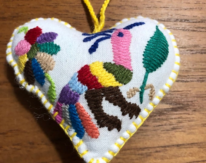 Hand embroidered Otomi heart ornament from Hidalgo, Mexico.