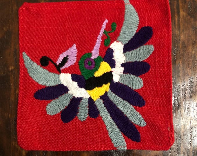 Otomi hand embroidered muslin coaster/cocktail napkin/frame-able art with multicolor bird design approx.  (4.5” x 4.5”)
