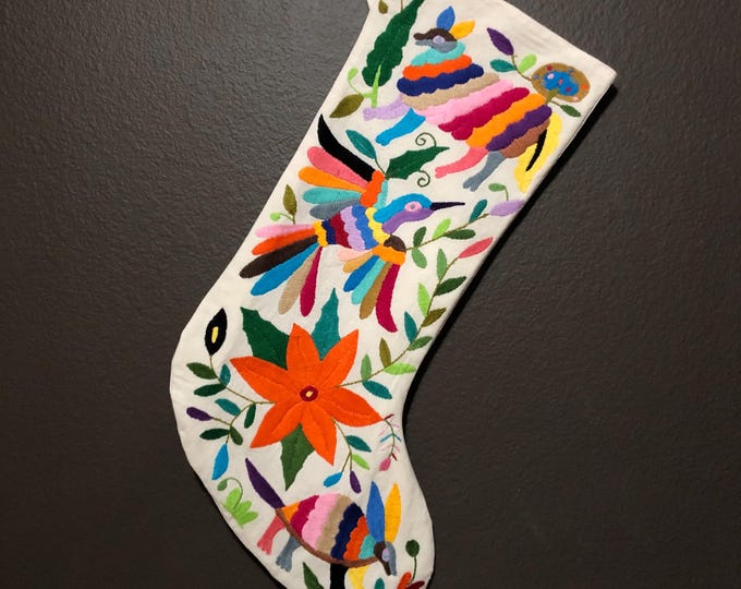 Hand Embroidered Otomi Christmas Stocking: Multicolor Embroidery Animals and Flowers