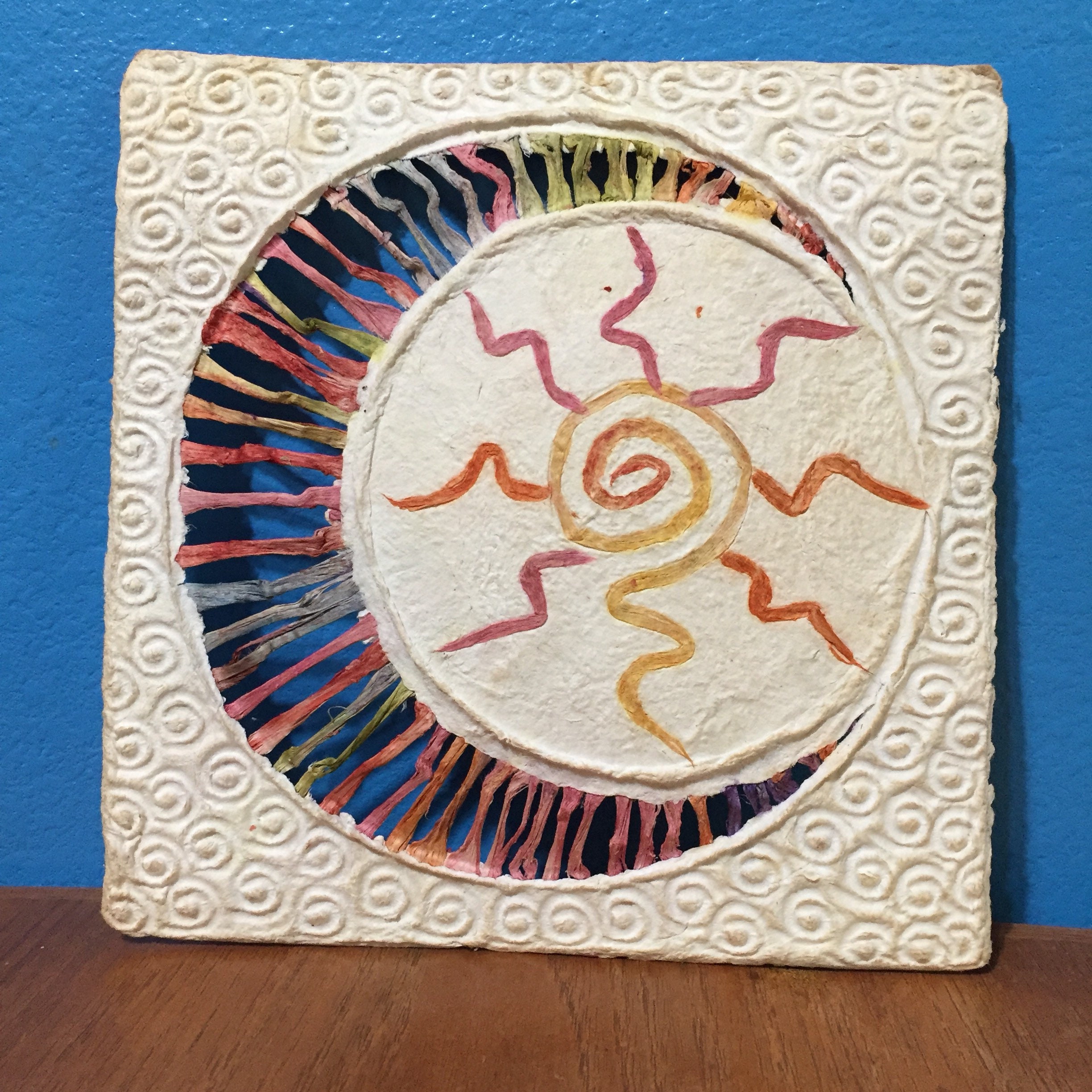 Handmade Amate Paper Wall Art with multicolor sun and woven moon