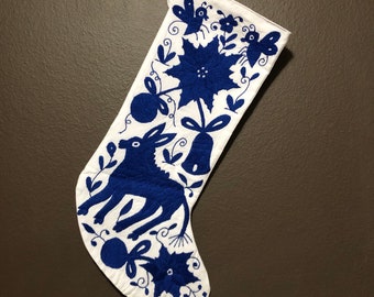 Hand Embroidered (Bright White Cotton) Otomi Large Christmas Stocking with Indigo Blue Embroidery from Hidalgo, Mexico