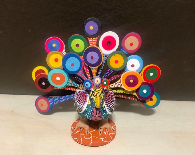 Alebrije Peacock Handcrafted Wood Carving by Zeny Fuentes and Reyna Piña from Oaxaca, Mexico.