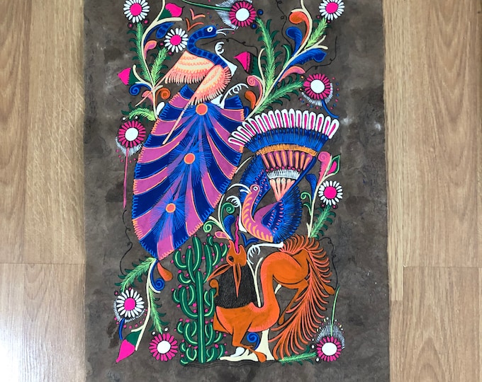 Amate Paper Wall Art with Animals and Flowers by Andrés de la Loma (Pahuatlán Puebla Mexico)