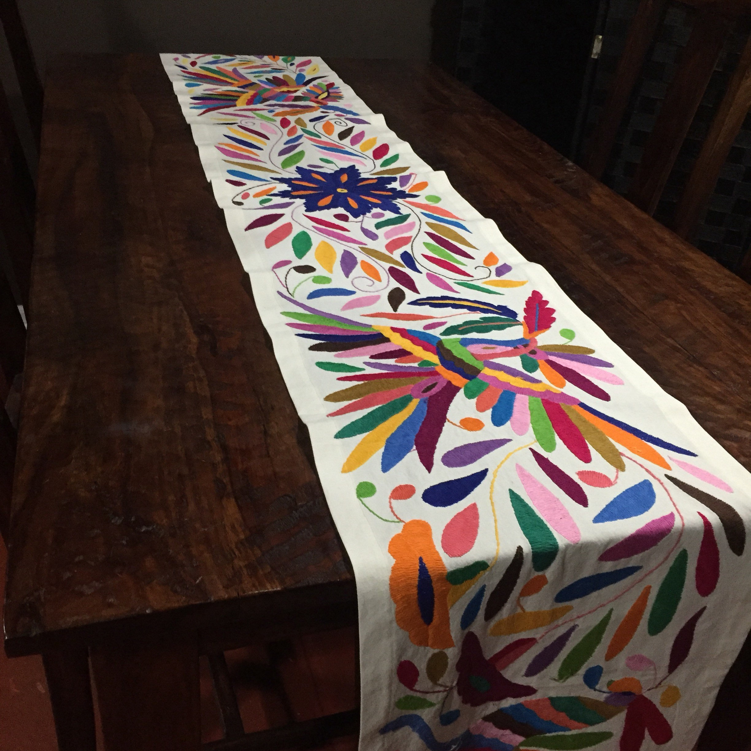 Otomi Hand Embroidered Extra Long Table Runner Multicolor