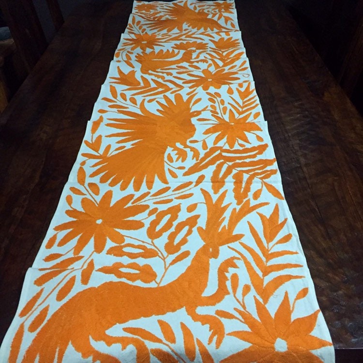 Otomi Hand Embroidered Table Runner/ Bed Scarf / Frameable art Orange