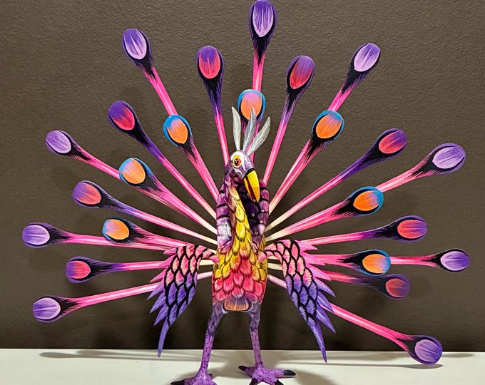 Alebrije Large Peacock Handcrafted Wood Carving by Esperanza Martinez from Oaxaca, Mexico.