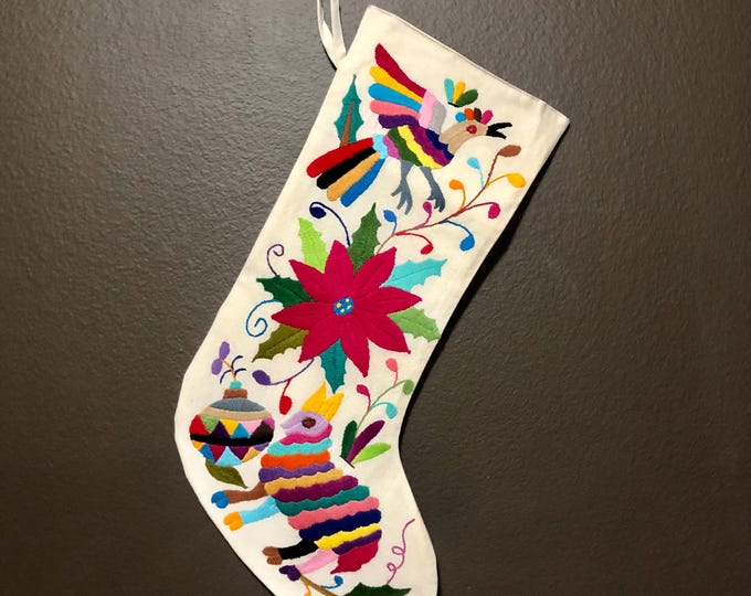 Hand Embroidered Otomi Large Christmas Stocking with Multicolor Embroidery from Hidalgo, Mexico (Off-White Cotton)