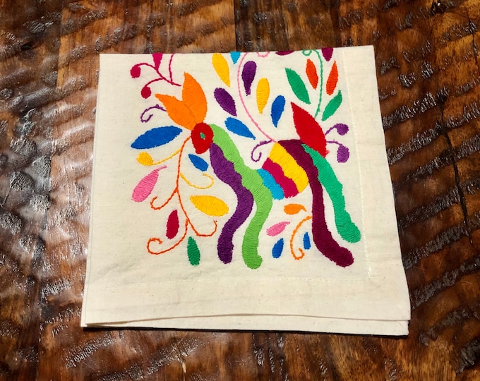 Otomi hand embroidered 19" x 19" muslin napkin - with spirit animal - multi-colored