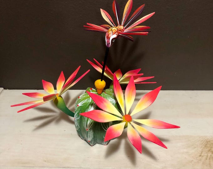 Handcrafted Alebrije Flowering Cactus with Hummingbird Woodcarving from Oaxaca, Mexico