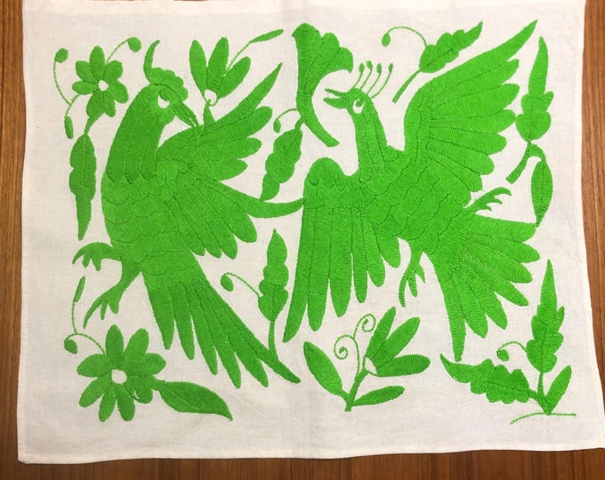 Hand Embroidered Otomi Placemat: Mexican Folk Art (17" x 13") - Lime Green