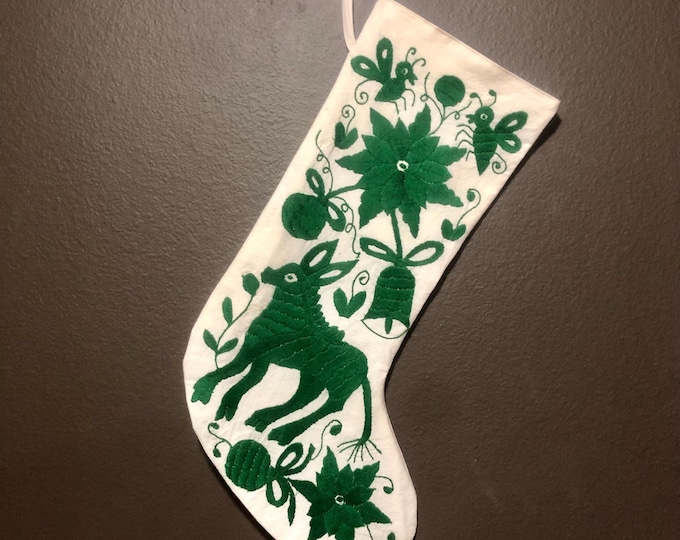 Hand Embroidered Otomi Christmas Stocking: Green Embroidery