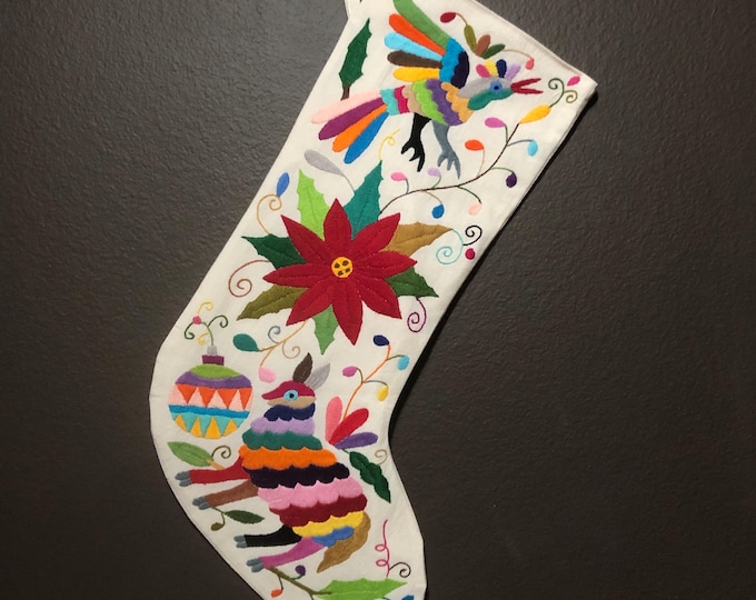Hand Embroidered Otomi Christmas Stocking: Multicolor Embroidery Animals and Flowers