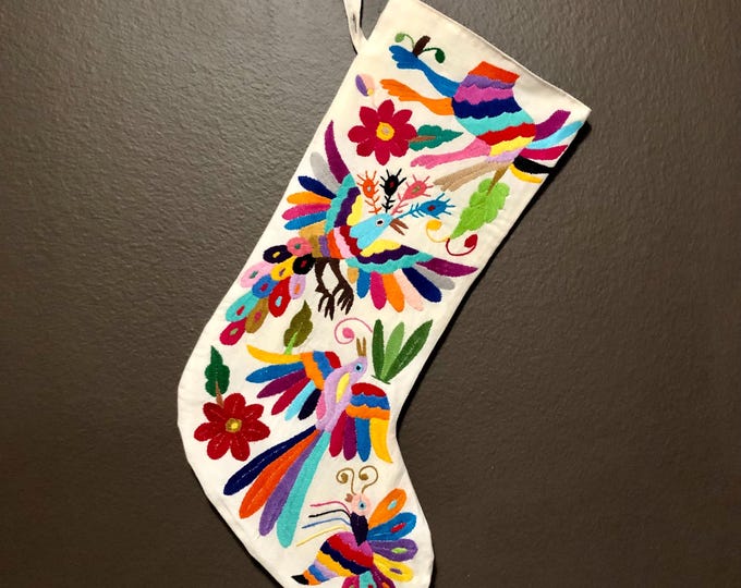 Hand Embroidered Otomi Large Christmas Stocking with Multicolor Embroidery from Hidalgo, Mexico (Off-White Cotton)