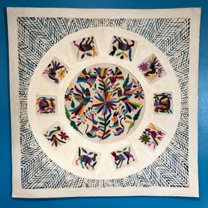 Amate Paper Wall Art with Otomí Hand Embroidered Multicolor Animals and Flowers by Andrés de la Loma (Pahuatlán Puebla Mexico) - 39” x 39”