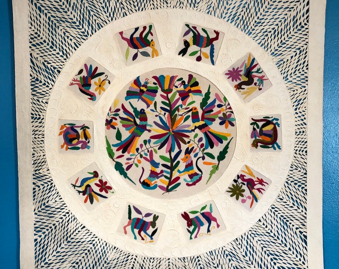 Amate Paper Wall Art with Otomí Hand Embroidered Multicolor Animals and Flowers by Andrés de la Loma (Pahuatlán Puebla Mexico) - 39” x 39”