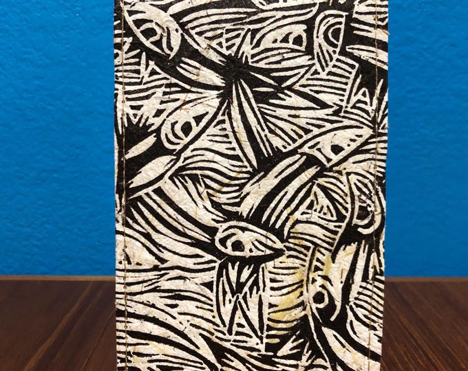 Handmade Small Paper Journal / Notebook with Linocut Print Cornhusk Paper Covers and Eucalyptus Journal Paper (80 pages)